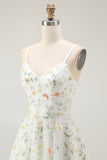 Green Floral A Line Spaghetti Straps Short Prom Dress