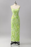 Green Sheath Sequins Spaghetti Straps Beaded Prom Dress with Slit