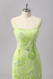 Green Sheath Sequins Spaghetti Straps Beaded Prom Dress with Slit
