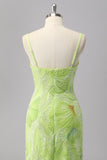 Green Sheath Sequins Spaghetti Straps Beaded Prom Dress with Slit