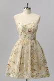 Apricot Floral A Line Illusion Beaded Mini Cocktail Dress