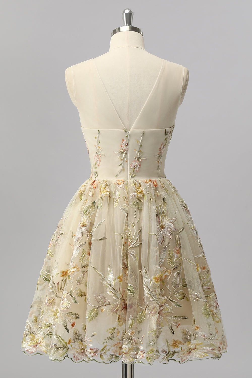 Apricot Floral A Line Illusion Beaded Mini Cocktail Dress