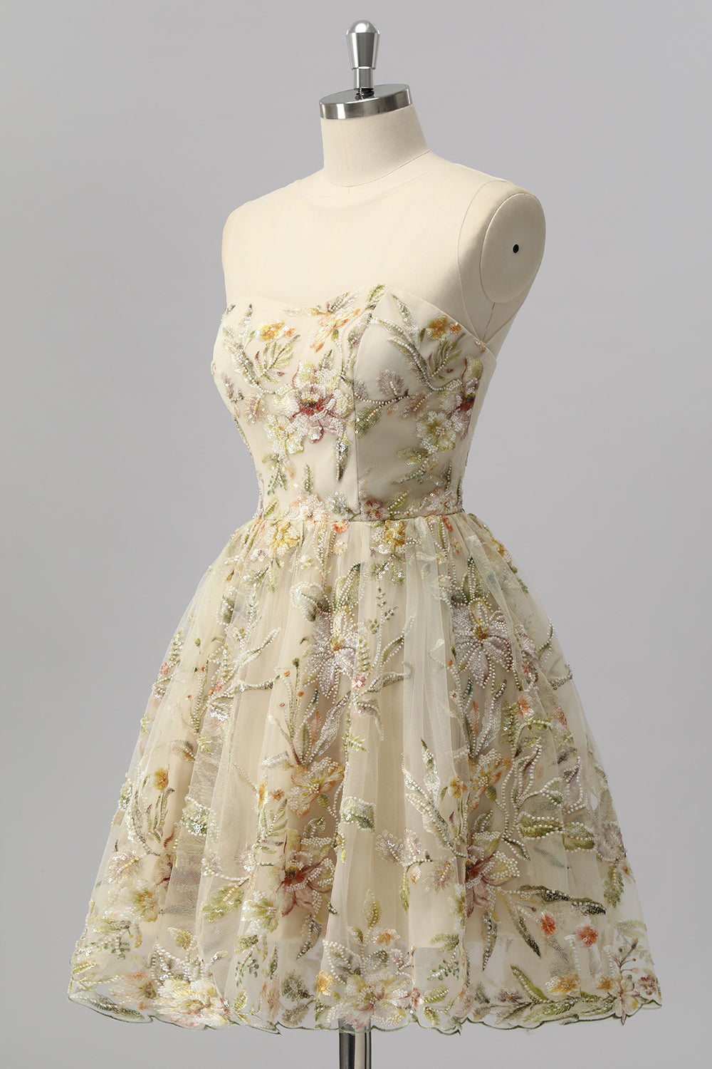 Apricot Floral A Line Illusion Beaded Mini Cocktail Dress