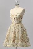 Apricot Floral A Line Illusion Beaded Mini Cocktail Dress