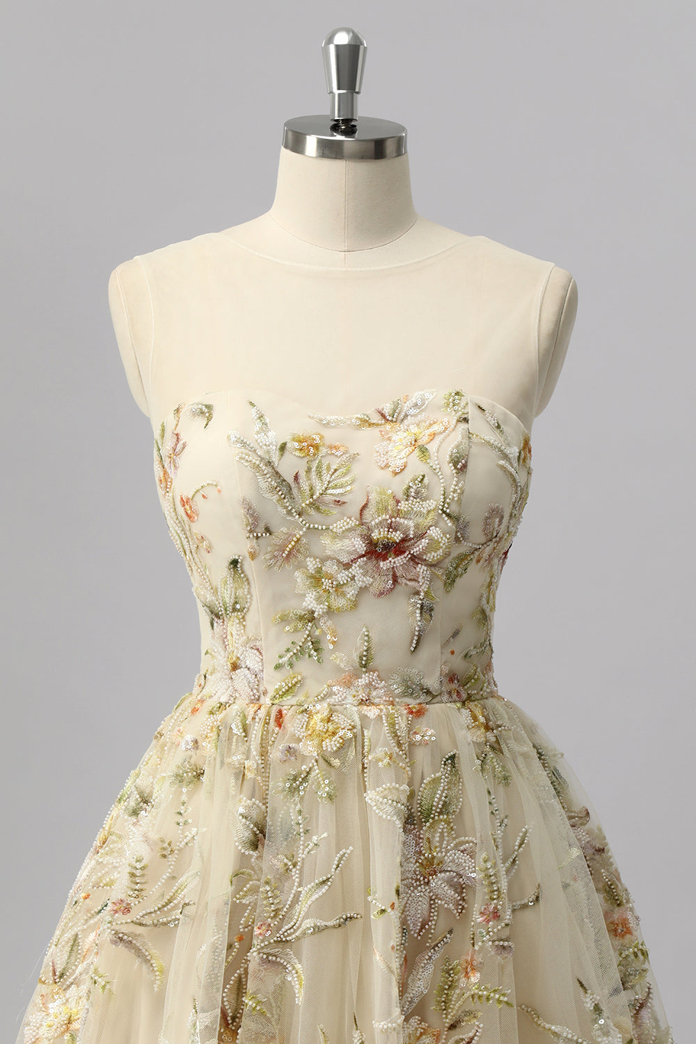Apricot Floral A Line Illusion Beaded Mini Cocktail Dress