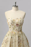 Apricot Floral A Line Illusion Beaded Mini Cocktail Dress
