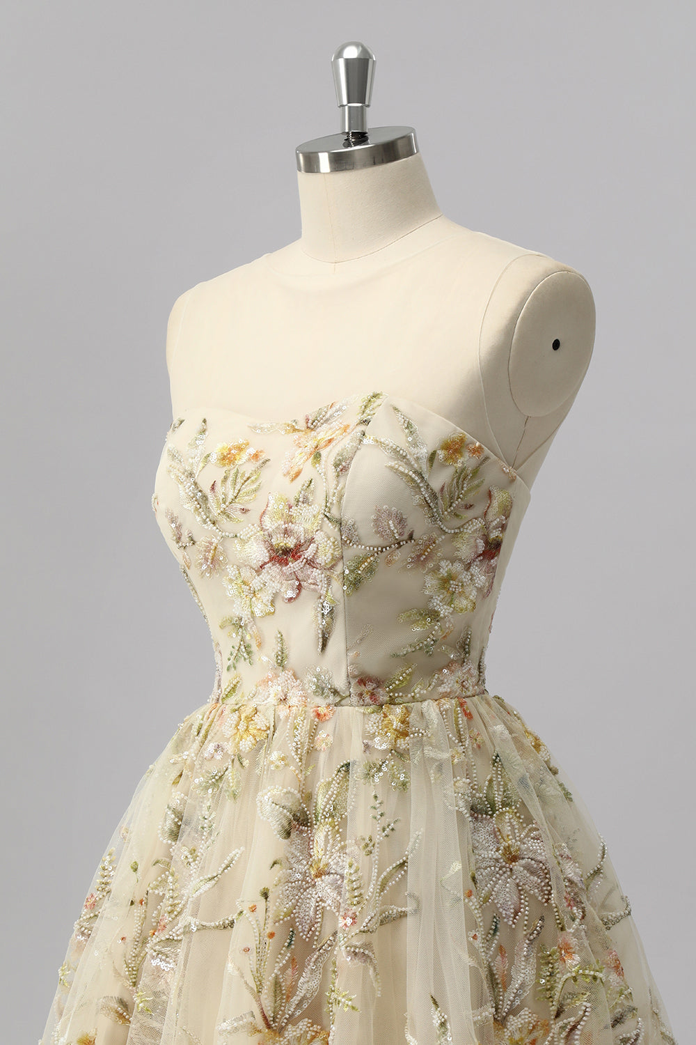 Apricot Floral A Line Illusion Beaded Mini Cocktail Dress