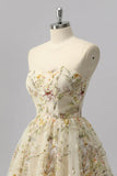 Apricot Floral A Line Illusion Beaded Mini Cocktail Dress