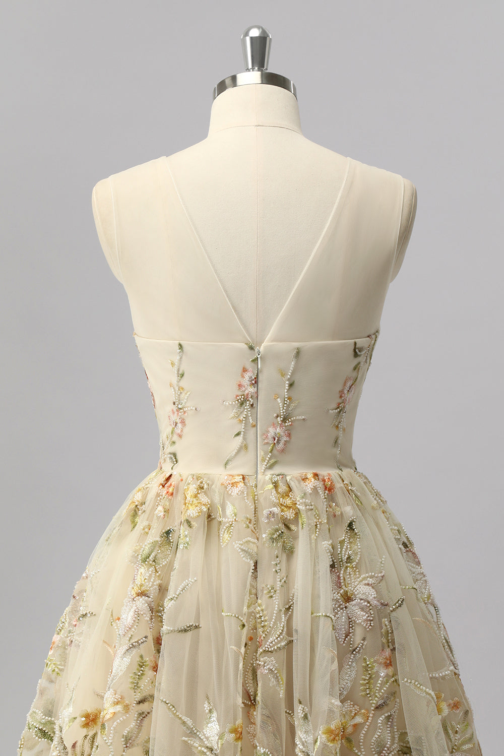 Apricot Floral A Line Illusion Beaded Mini Cocktail Dress