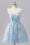 Blue Floral A Line Sequin Mini Cocktail Dress