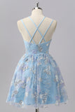 Blue Floral A Line Sequin Mini Cocktail Dress