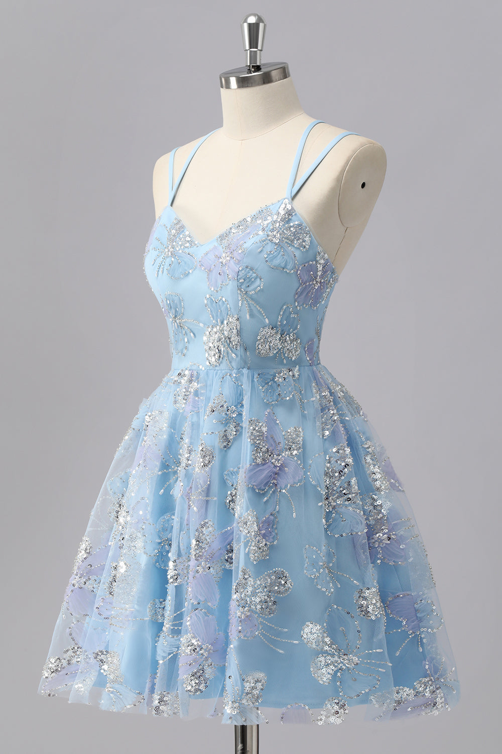 Blue Floral A Line Sequin Mini Cocktail Dress