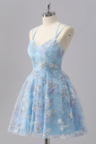 Blue Floral A Line Sequin Mini Cocktail Dress