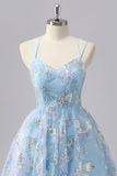 Blue Floral A Line Sequin Mini Cocktail Dress