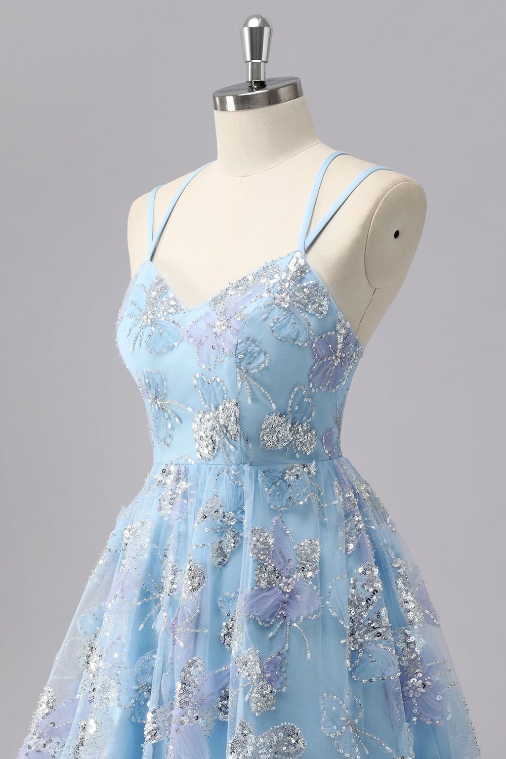 Blue Floral A Line Sequin Mini Cocktail Dress
