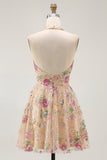 Sparkly Halter Floral Champagne A Line Halter Sequins Cocktail Dress