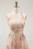 Sparkly Halter Floral Champagne A Line Halter Sequins Cocktail Dress