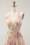 Sparkly Halter Floral Champagne A Line Halter Sequins Cocktail Dress