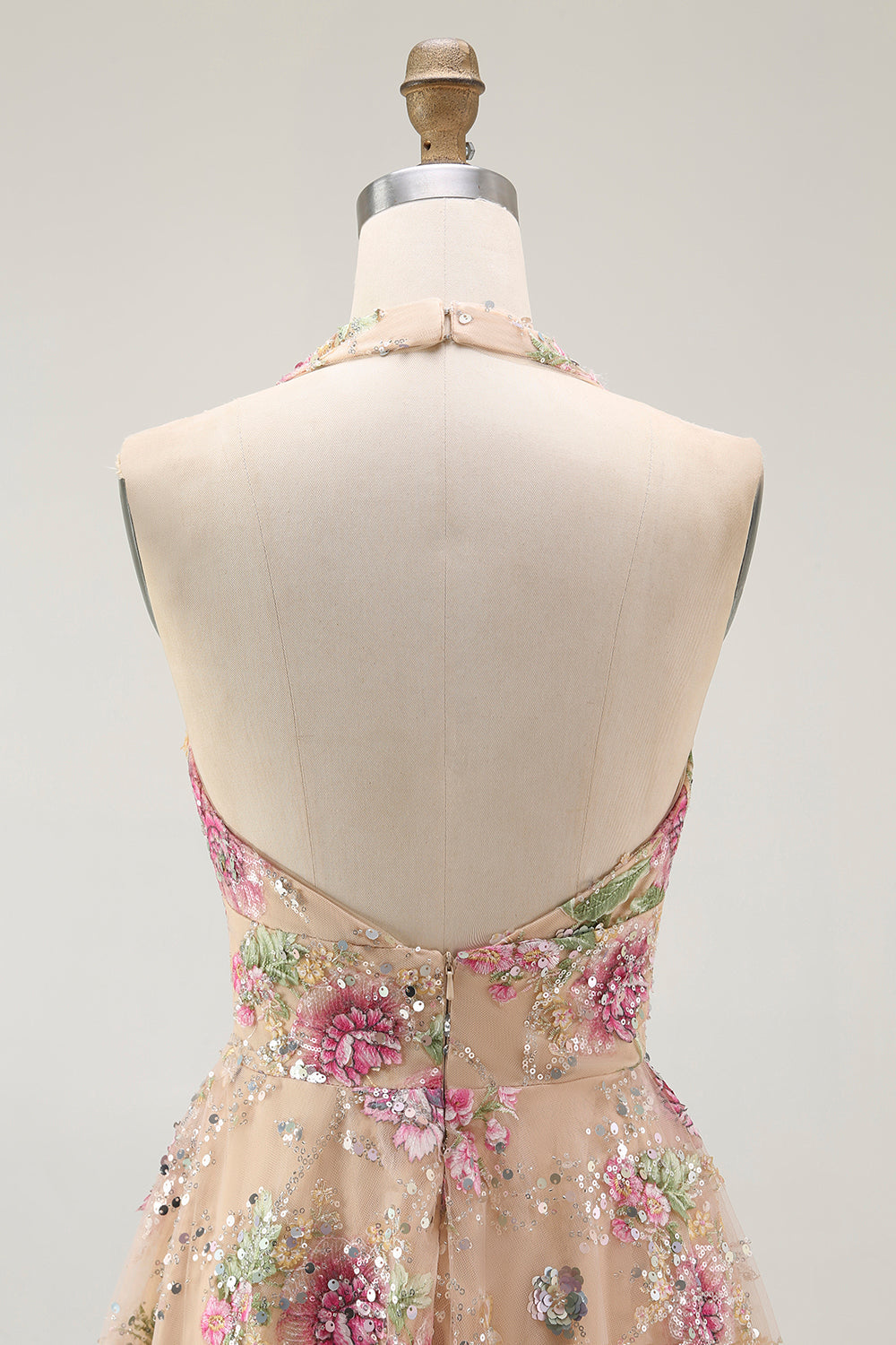 Sparkly Halter Floral Champagne A Line Halter Sequins Cocktail Dress