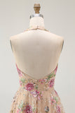 Sparkly Halter Floral Champagne A Line Halter Sequins Cocktail Dress