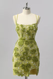 Green Bodycon Beaded Mini Cocktail Dress with 3D Flowers