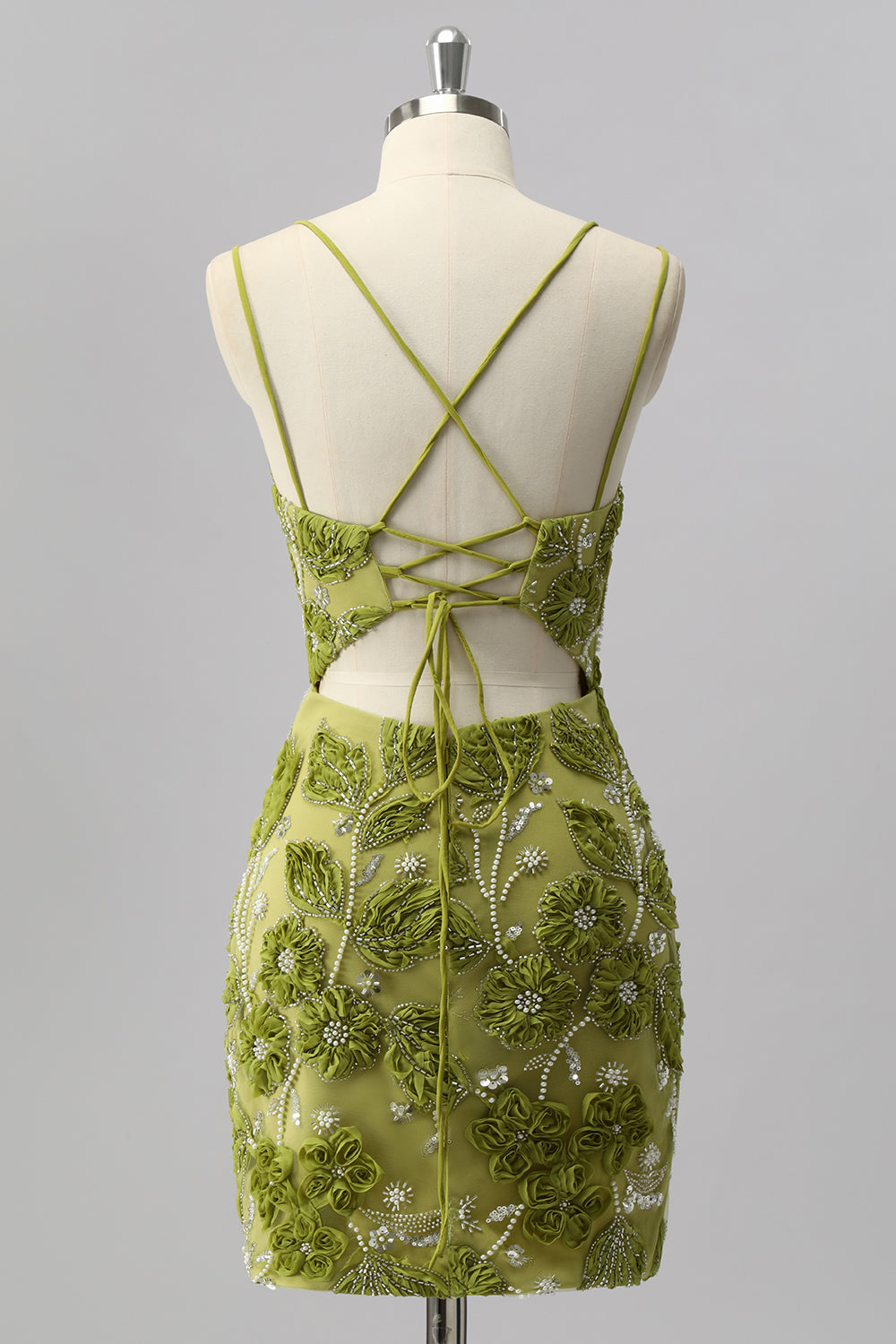 Green Bodycon Beaded Mini Cocktail Dress with 3D Flowers