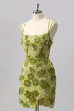 Green Bodycon Beaded Mini Cocktail Dress with 3D Flowers