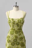 Green Bodycon Beaded Mini Cocktail Dress with 3D Flowers