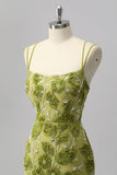 Green Bodycon Beaded Mini Cocktail Dress with 3D Flowers
