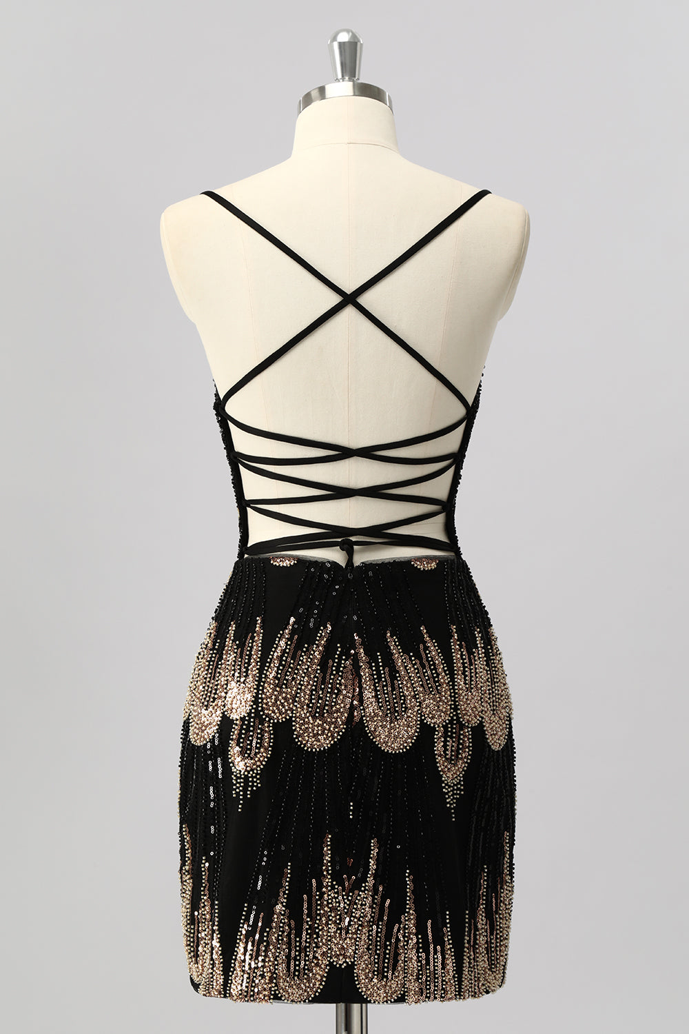 Black Bodycon Sequin Short Prom Dress with Lace Up Back