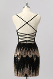 Black Bodycon Sequin Short Prom Dress with Lace Up Back