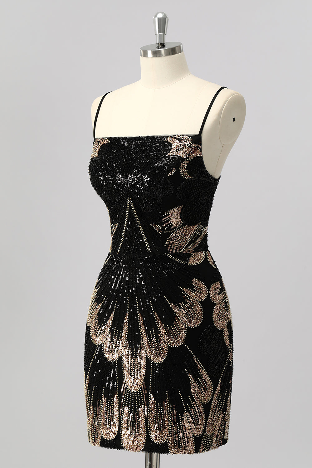 Black Bodycon Sequin Short Prom Dress with Lace Up Back