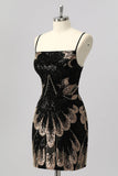 Black Bodycon Sequin Short Prom Dress with Lace Up Back
