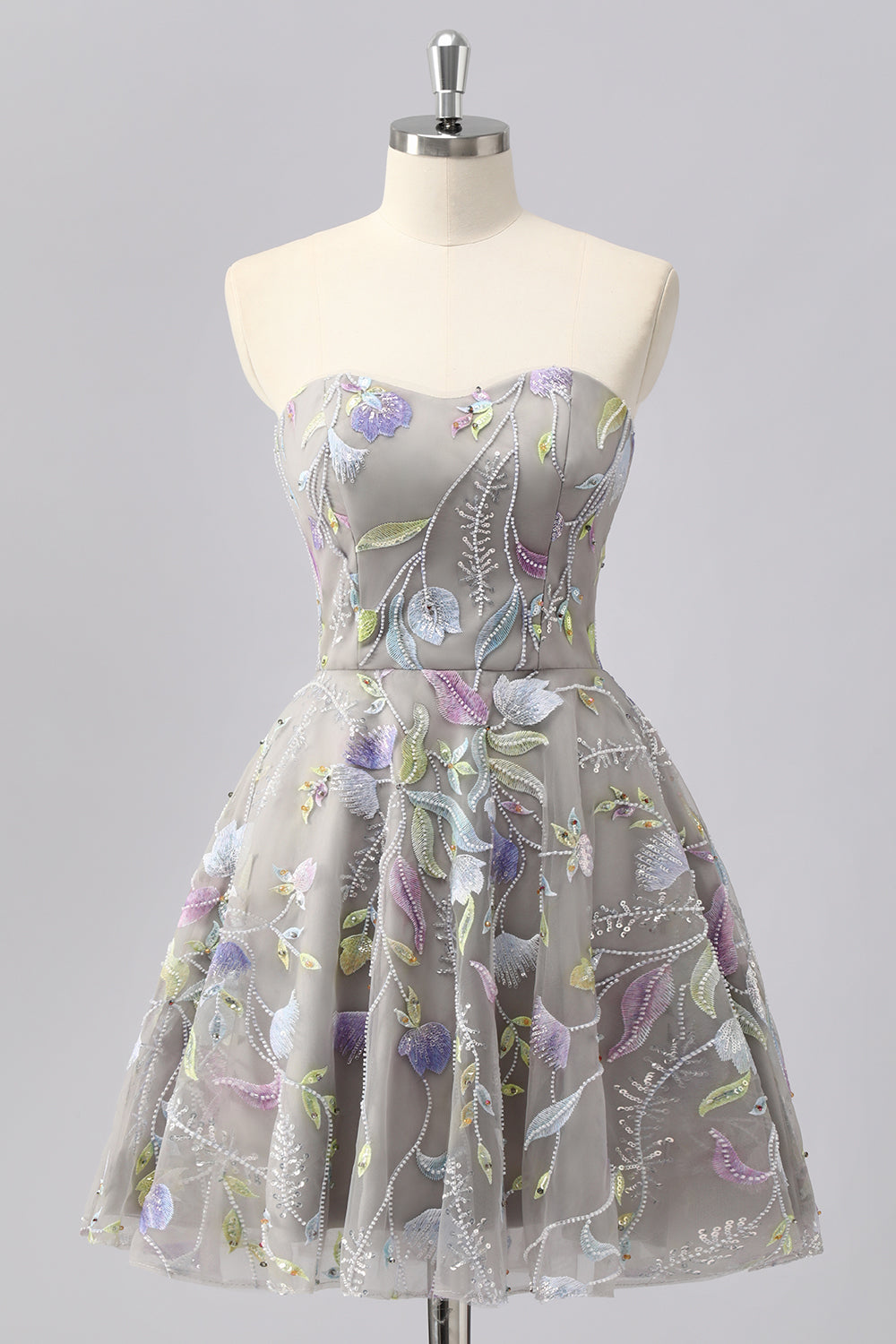 Grey A Line Strapless Floral Mini Cocktail Dress with Embroidery