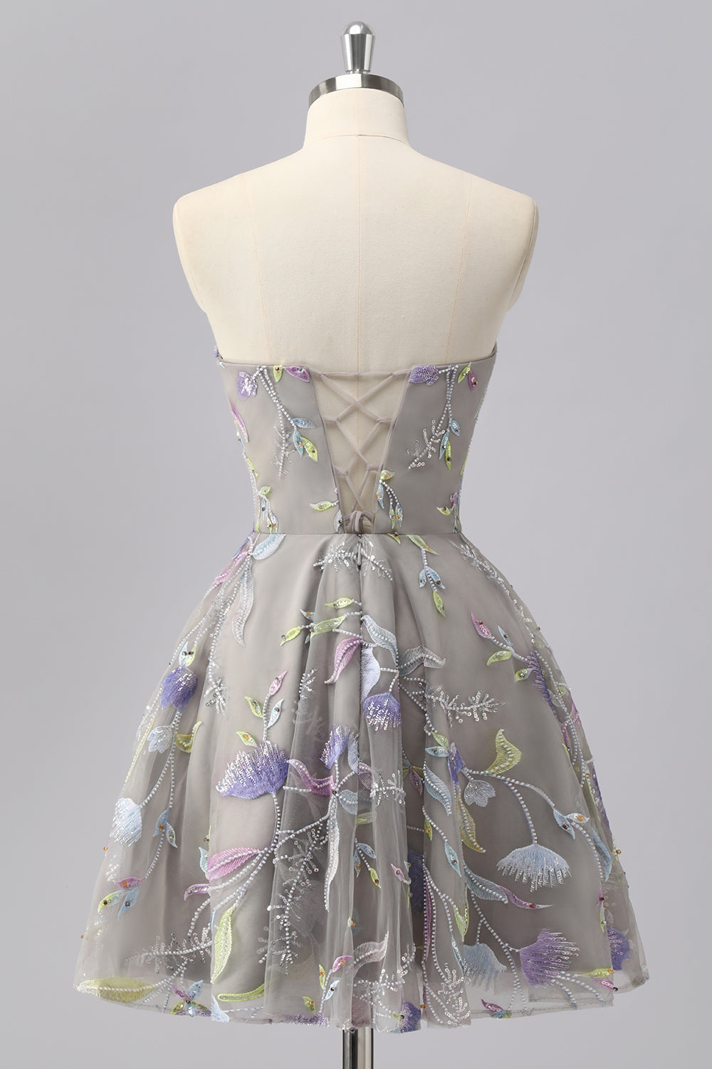 Grey A Line Strapless Floral Mini Cocktail Dress with Embroidery