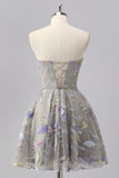 Grey A Line Strapless Floral Mini Cocktail Dress with Embroidery