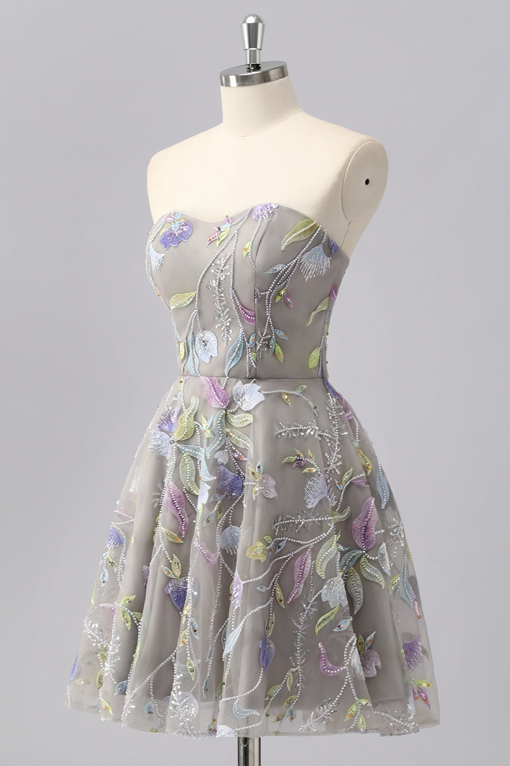 Grey A Line Strapless Floral Mini Cocktail Dress with Embroidery