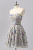 Grey A Line Strapless Floral Mini Cocktail Dress with Embroidery