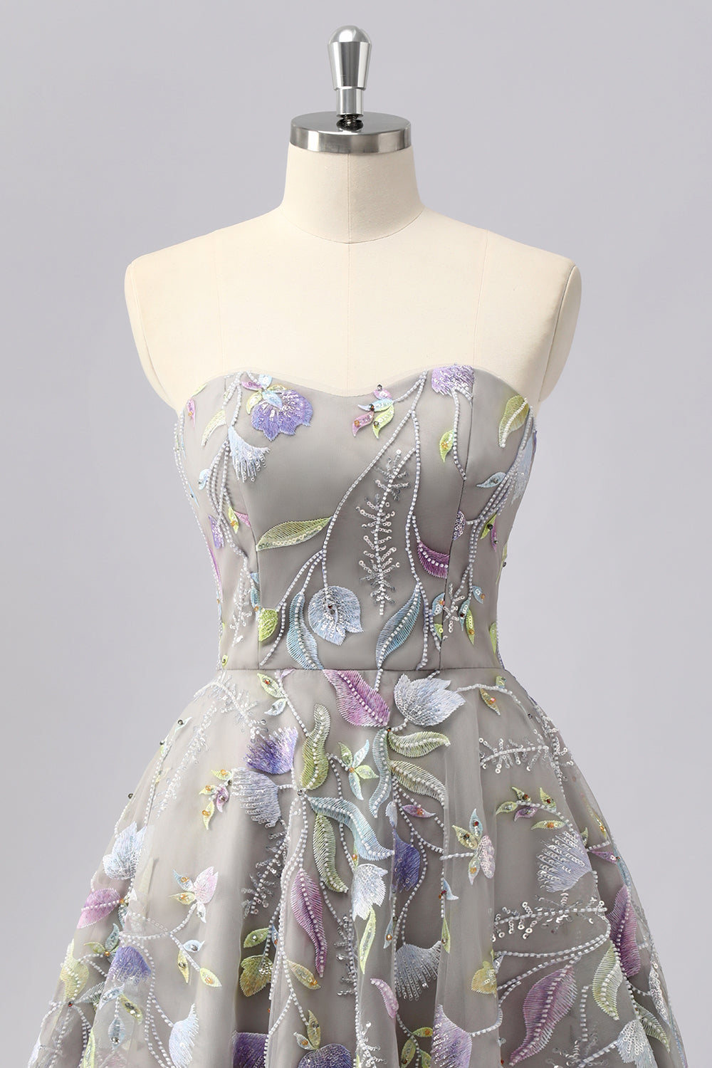 Grey A Line Strapless Floral Mini Cocktail Dress with Embroidery
