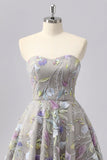 Grey A Line Strapless Floral Mini Cocktail Dress with Embroidery