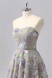 Grey A Line Strapless Floral Mini Cocktail Dress with Embroidery