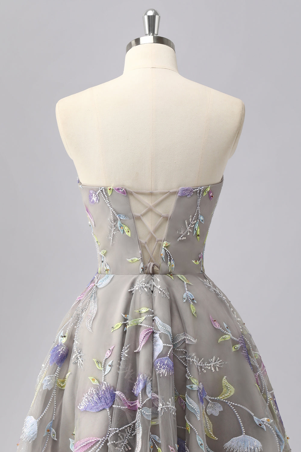 Grey A Line Strapless Floral Mini Cocktail Dress with Embroidery