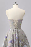 Grey A Line Strapless Floral Mini Cocktail Dress with Embroidery