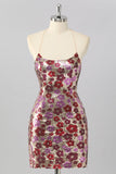 Yellow Floral Sequin Bodycon Mini Cocktail Dress