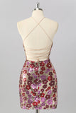 Yellow Floral Sequin Bodycon Mini Cocktail Dress