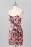 Yellow Floral Sequin Bodycon Mini Cocktail Dress