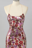 Yellow Floral Sequin Bodycon Mini Cocktail Dress