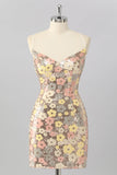 Yellow Floral Sequin Bodycon Mini Cocktail Dress