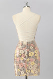 Yellow Floral Sequin Bodycon Mini Cocktail Dress