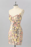 Yellow Floral Sequin Bodycon Mini Cocktail Dress